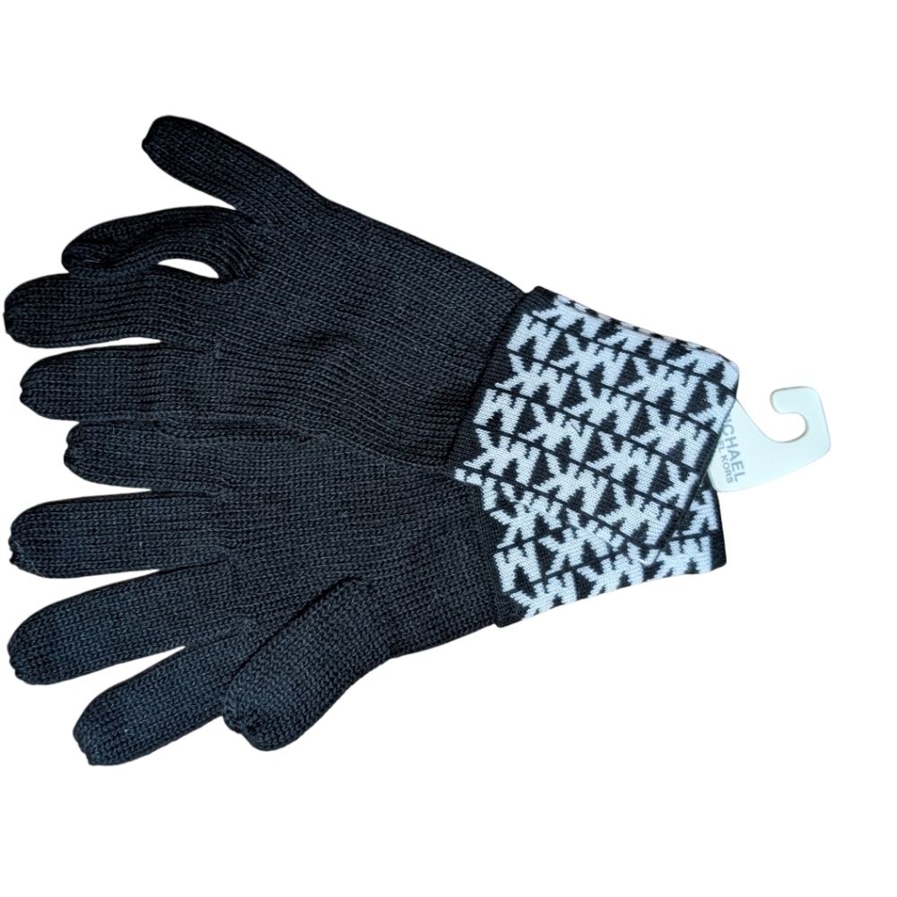 NWT NEW Michael Kors BLACK & white signature Logo Bennie Hat & Gloves SET - Picture 6 of 8